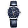 Rotary Windsor GS05425/05 moonphase quartz watch with deep blue guilloché dial, stainless steel case, and navy leather strap