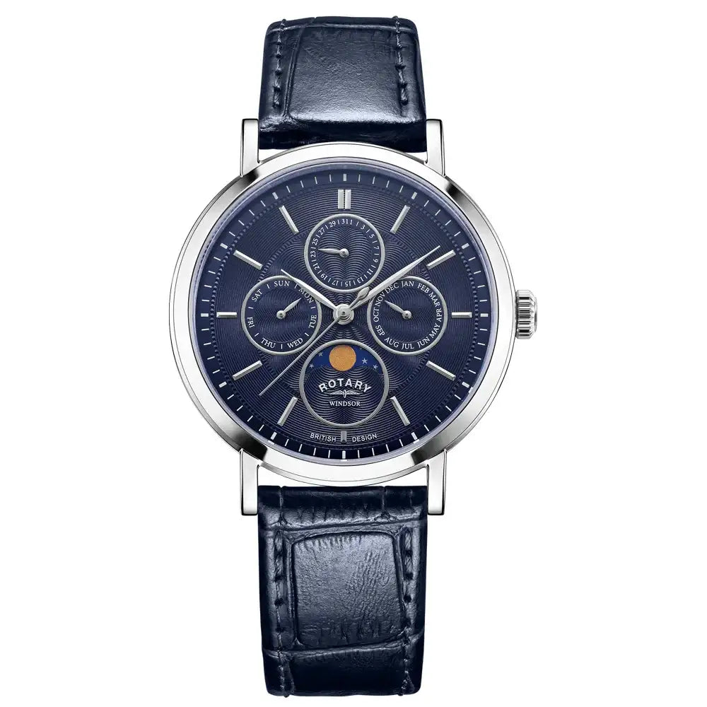 Rotary Windsor GS05425/05 moonphase quartz watch with deep blue guilloché dial, stainless steel case, and navy leather strap
