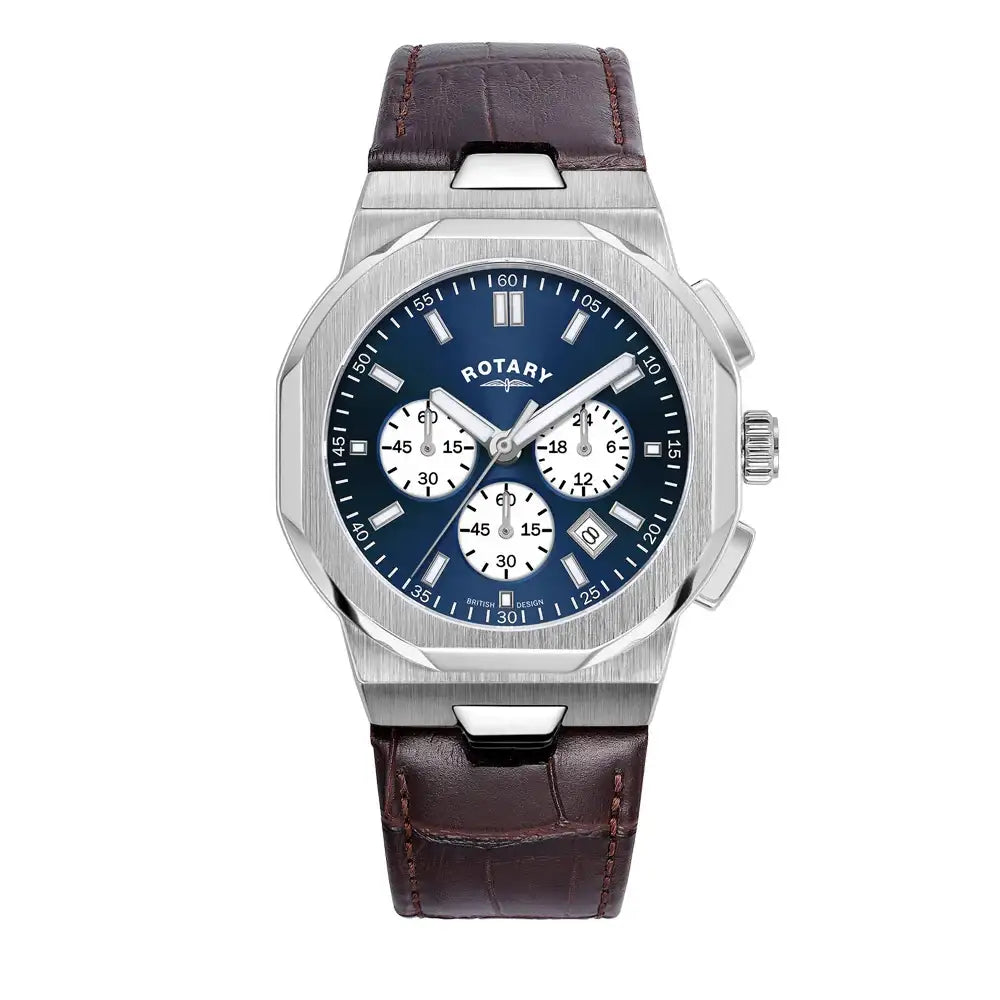 Rotary Regent GS05450/05 quartz chronograph watch with blue sunray dial, 40mm stainless steel case, and brown leather strap