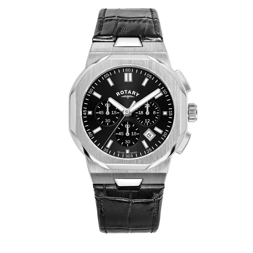 Rotary Regent GS05450/65 quartz chronograph watch with 40mm stainless steel octagonal case, black dial, three sub-dials, and black crocodile-embossed leather strap