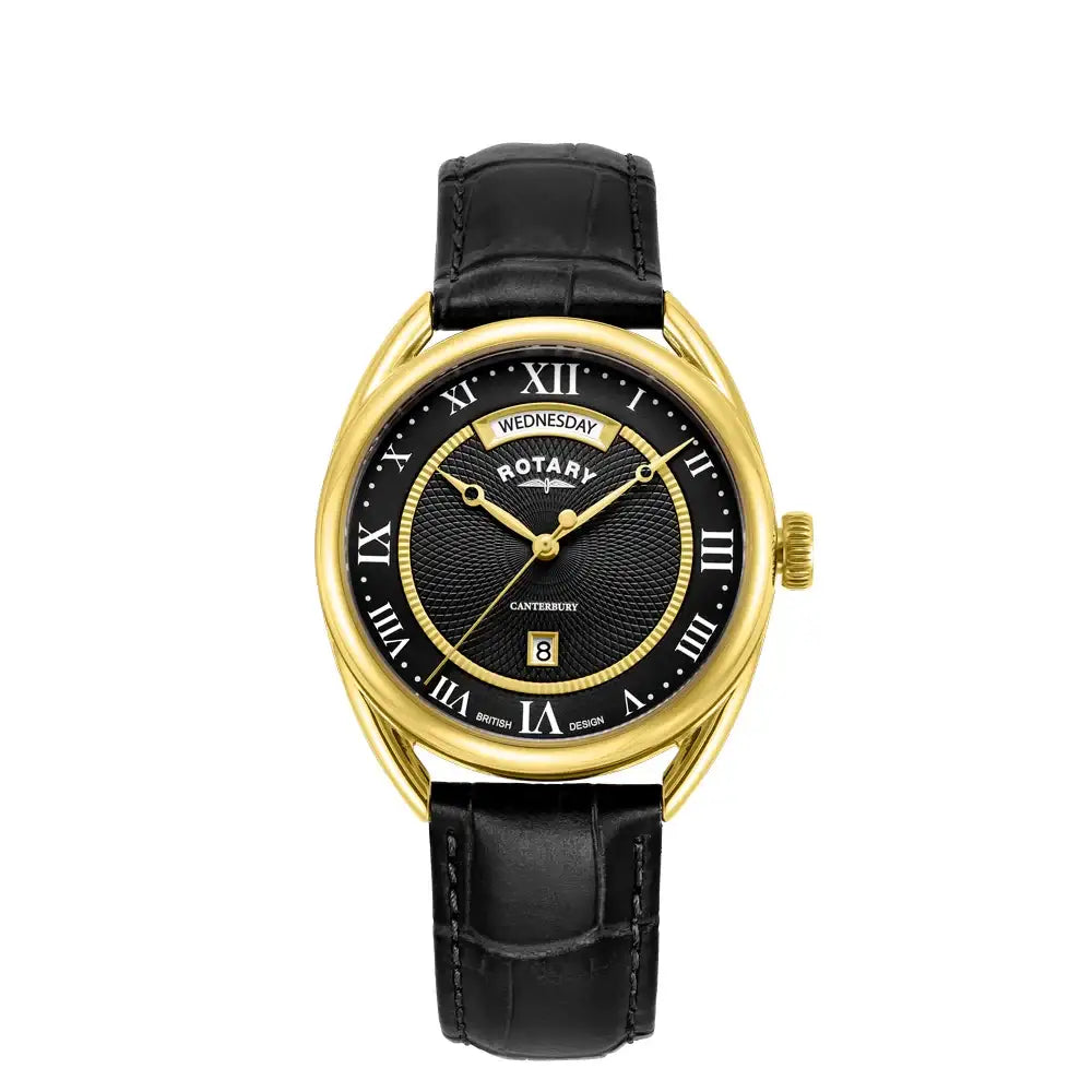 Rotary Canterbury Day-Date Quartz Watch with Black Guilloché Dial and Gold PVD Case on Black Leather Strap