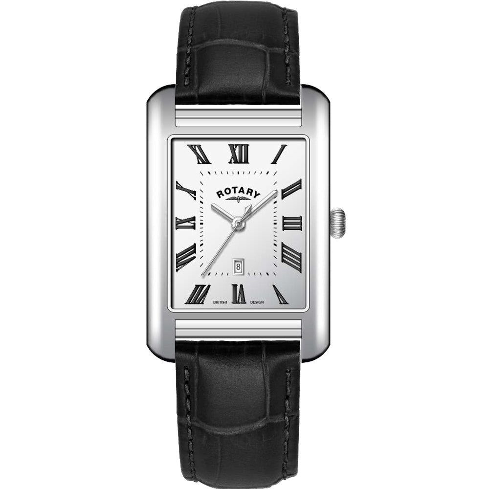 Rotary Heritage Astoria GS05750/01 rectangular quartz watch with white dial, Roman numerals, stainless steel case and black leather strap