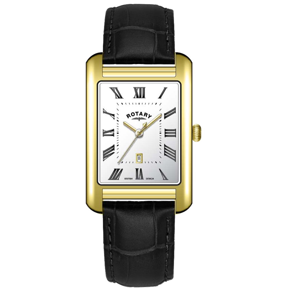Rotary Heritage Astoria GS05753/01 rectangular gold PVD quartz watch with white Roman numeral dial and black leather strap