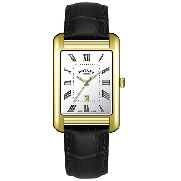 Rotary Heritage Astoria GS05753/01 rectangular gold PVD quartz watch with white Roman numeral dial and black leather strap