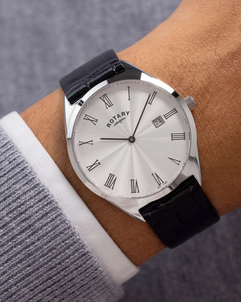 Rotary Ultra Slim Quartz Silver Guilloché Dial Black Leather Watch (GS08010/01)