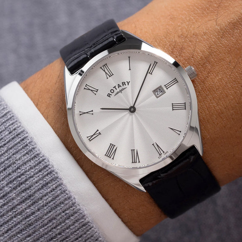 Rotary Ultra Slim 38mm round steel case with black hands and date