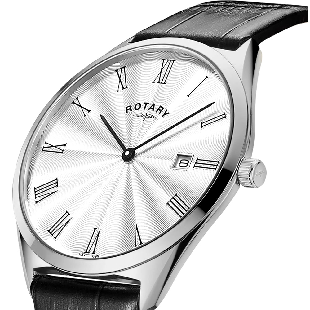 Rotary Ultra Slim Quartz Silver Guilloché Dial Black Leather Watch (GS08010/01)