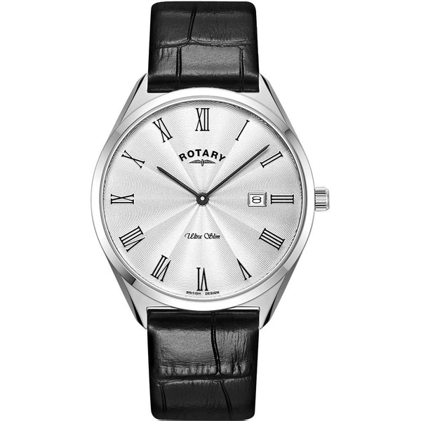 Rotary Ultra Slim Quartz Silver Guilloché Dial Black Leather Watch (GS08010/01)