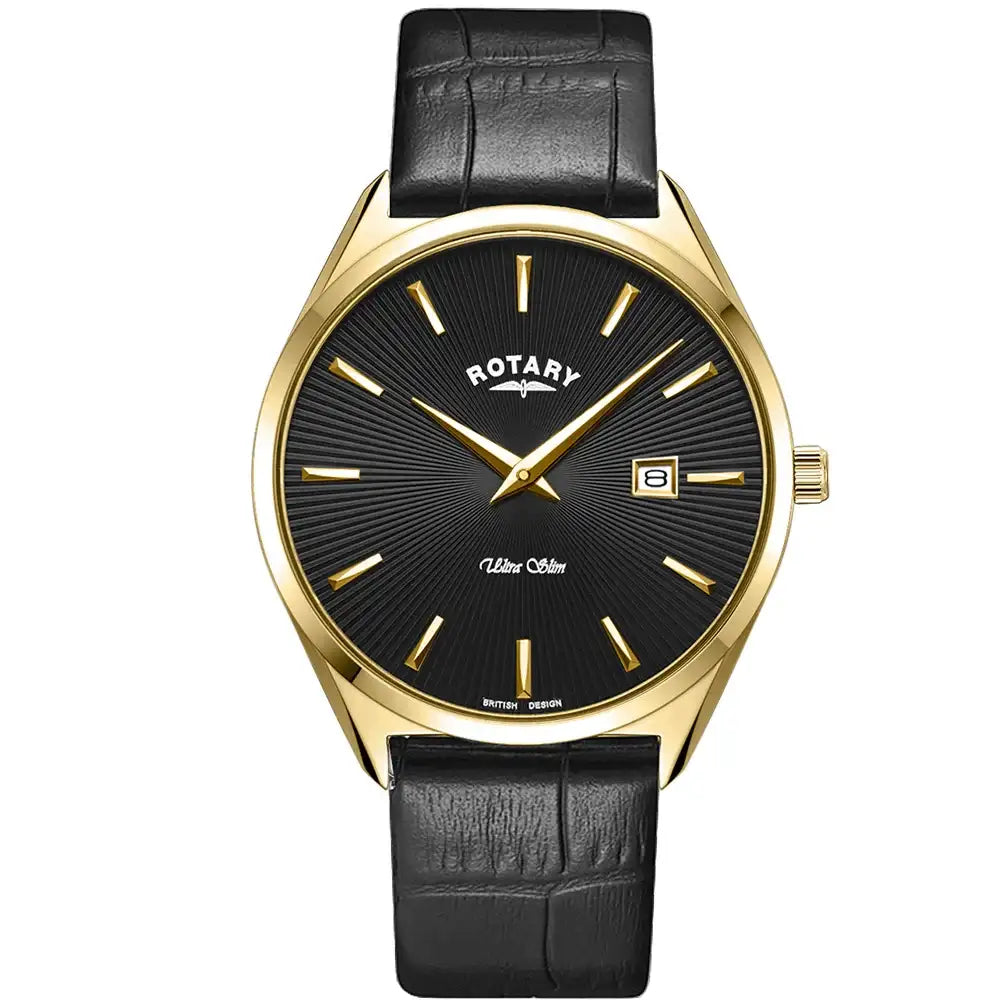 Rotary Ultra Slim GS08013/04 men's dress watch with 38mm gold PVD case, black guilloché dial, and black leather strap on white background