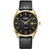 Rotary Ultra Slim GS08013/04 men's dress watch with 38mm gold PVD case, black guilloché dial, and black leather strap on white background