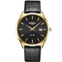 Rotary Ultra Slim GS08013/04 men's dress watch with 38mm gold PVD case, black guilloché dial, and black leather strap on white background