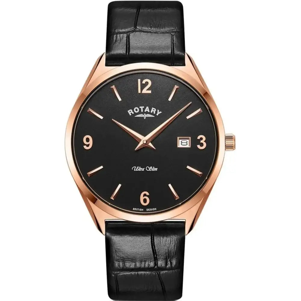 Rotary Ultra Slim watch with black sunray dial, rose gold-tone case and leather strap