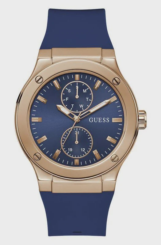 Guess GD Jet GW0491G4 men's quartz watch with 45mm rose gold-tone stainless steel case, blue multi-function dial and blue silicone rubber strap