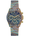 Guess Serpentina GW0752L1 ladies chronograph watch with blue purple gradient dial, crystal markers, and digitally printed ombré stainless steel bracelet in gold tone