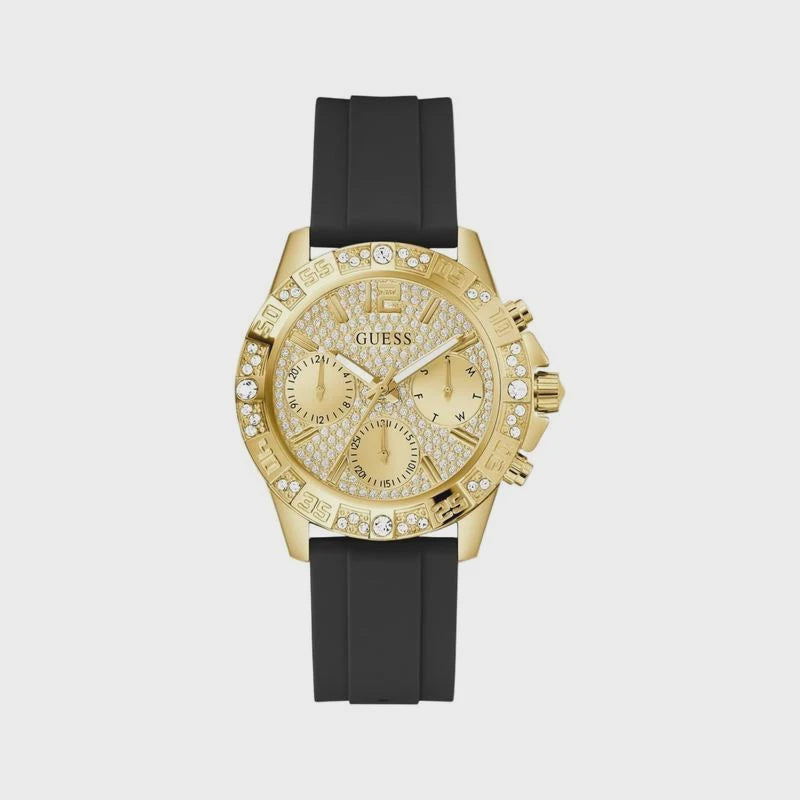 Guess Majesty GW0772L5 ladies quartz chronograph watch with 40mm gold-tone case, crystal-set bezel, gold textured dial, and black silicone strap