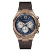Guess Equity GW0791G4 men's chronograph watch with 44mm rose gold stainless steel case, blue sunray dial, and brown embossed leather strap