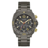 Guess Traction GW0800G2 mens quartz chronograph watch with 46mm gunmetal stainless steel case, black dial with gold accents, and matching gunmetal bracelet