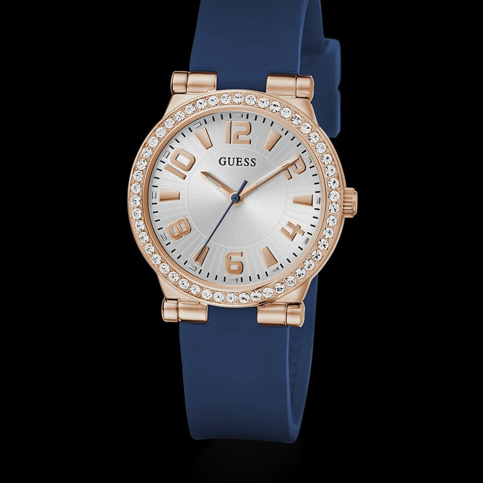 GUESS Fawn watch with white sunburst dial, rose gold-tone crystal-set bezel and silicone strap
