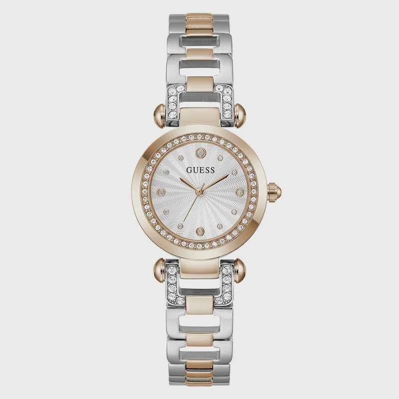 Guess Ginger GW0869L2 ladies quartz watch with 30mm two-tone rose gold and silver case, mother-of-pearl dial, crystal-set bezel, and stainless steel bracelet