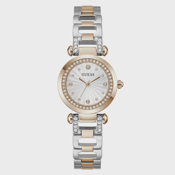 Guess Ginger GW0869L2 ladies quartz watch with 30mm two-tone rose gold and silver case, mother-of-pearl dial, crystal-set bezel, and stainless steel bracelet
