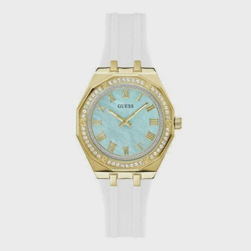 Guess Desire GW0872L1 ladies quartz watch with light blue dial, crystal-set gold-tone octagonal bezel, and white silicone strap