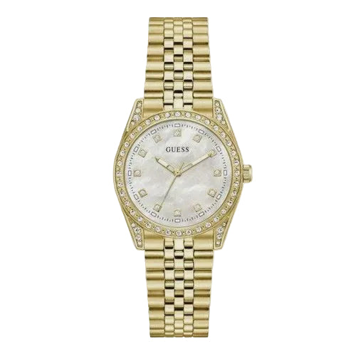 Guess Jada GW1099L2 ladies quartz watch with 34mm gold-tone case, mother-of-pearl dial, crystal-set bezel, and five-link gold-tone stainless steel bracelet
