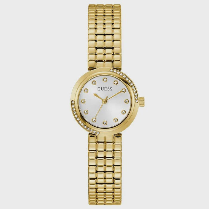 Guess Clara GW0930L2 ladies quartz watch with 28mm gold-tone round case, white crystal-set dial, and matching stainless steel bracelet