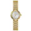 Guess Clara GW0930L2 ladies quartz watch with 28mm gold-tone round case, white crystal-set dial, and matching stainless steel bracelet