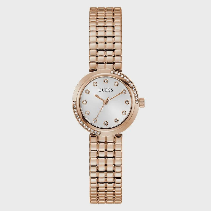 Guess Clara GW0930L3 ladies rose gold quartz watch with mother-of-pearl dial and crystal-set bezel on stainless steel bracelet