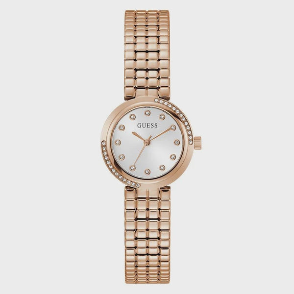 Guess Clara GW0930L3 ladies rose gold quartz watch with mother-of-pearl dial and crystal-set bezel on stainless steel bracelet