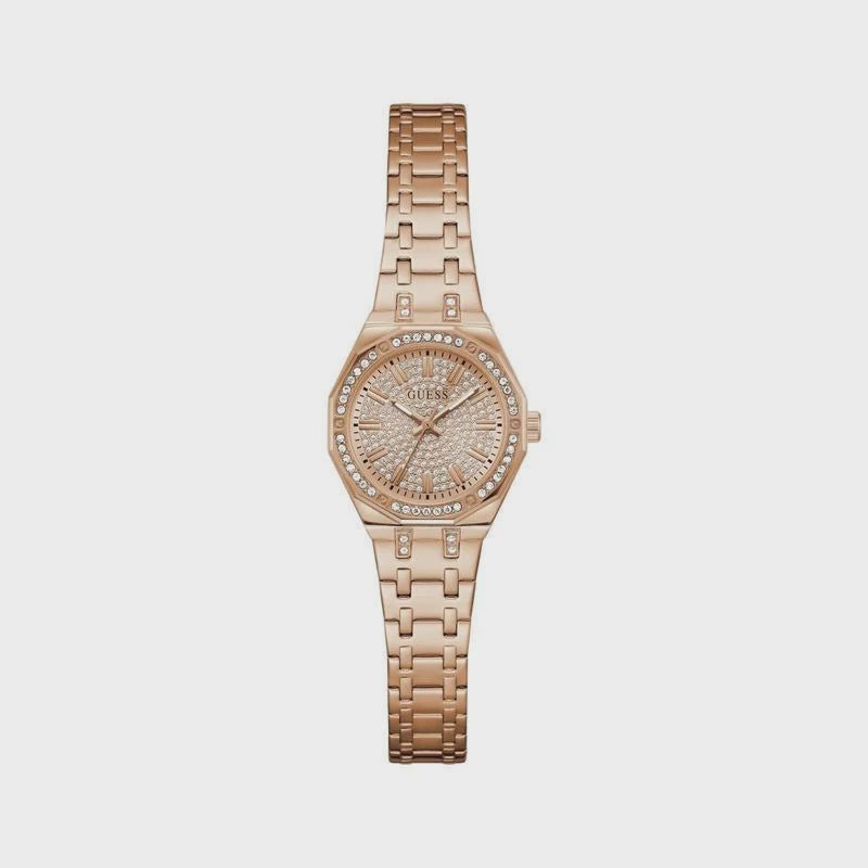 Guess GW0931L4 rose gold quartz ladies watch with crystal-set dodecagonal bezel, textured pavé dial, and integrated stainless steel bracelet