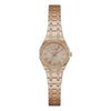 Guess GW0931L4 rose gold quartz ladies watch with crystal-set dodecagonal bezel, textured pavé dial, and integrated stainless steel bracelet
