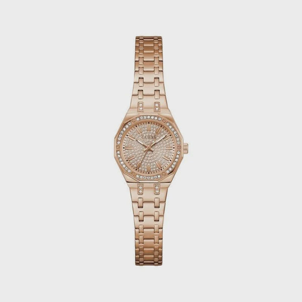 Guess GW0931L4 rose gold quartz ladies watch with crystal-set dodecagonal bezel, textured pavé dial, and integrated stainless steel bracelet