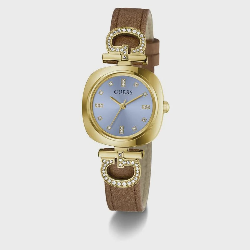 Guess Gabby GW0938L2 ladies quartz watch with 28mm cushion-shaped gold-tone case, blue sunray dial with crystal markers, and brown leather strap with pavé-set link details