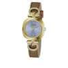 Guess Gabby GW0938L2 ladies quartz watch with 28mm cushion-shaped gold-tone case, blue sunray dial with crystal markers, and brown leather strap with pavé-set link details