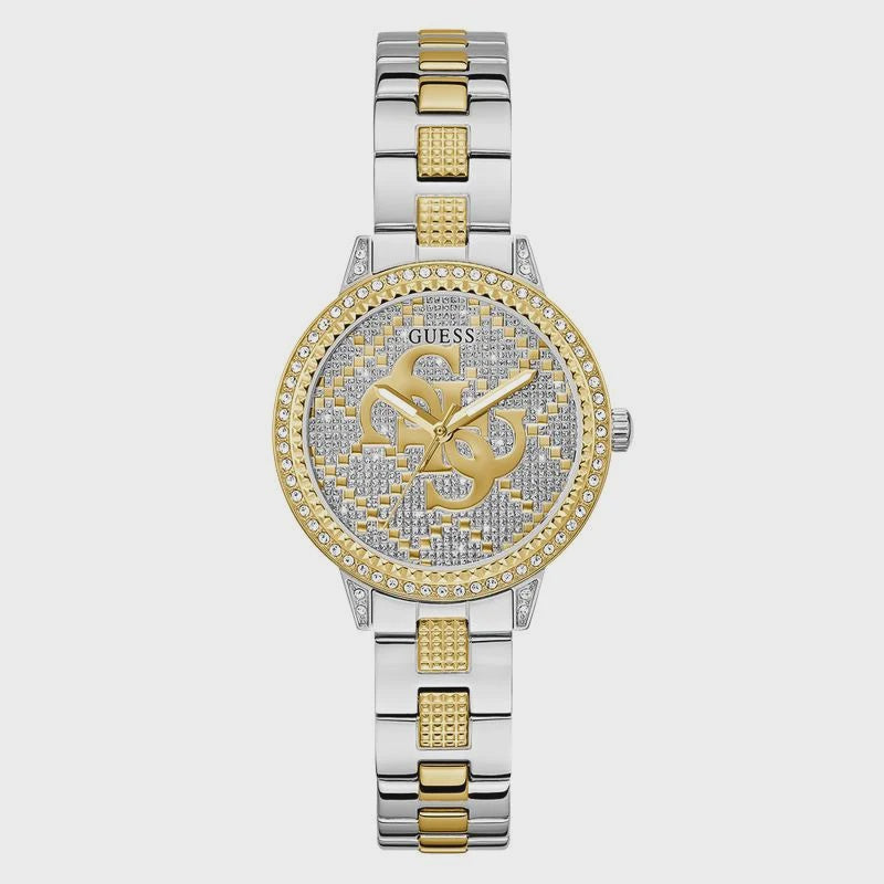 Guess G-Lace GW0944L3 ladies two-tone quartz watch with 34mm case, crystal-set bezel, silver glitz dial with gold Quattro G logo, and polished steel bracelet