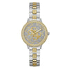Guess G-Lace GW0944L3 ladies two-tone quartz watch with 34mm case, crystal-set bezel, silver glitz dial with gold Quattro G logo, and polished steel bracelet