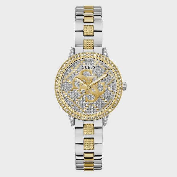 Guess G-Lace GW0944L3 ladies two-tone quartz watch with 34mm case, crystal-set bezel, silver glitz dial with gold Quattro G logo, and polished steel bracelet