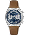 Guess Dawson GW0972G1 men's chronograph watch with blue sunray dial, 44mm stainless steel case, and cognac brown leather strap