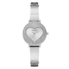 Guess Hartly GW0991L1 ladies watch with heart-shaped white dial, crystal-set bezel, and polished stainless steel bracelet on white background