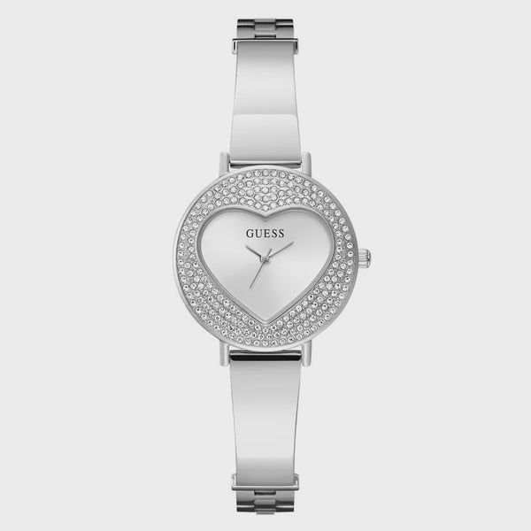 Guess Hartly GW0991L1 ladies watch with heart-shaped white dial, crystal-set bezel, and polished stainless steel bracelet on white background