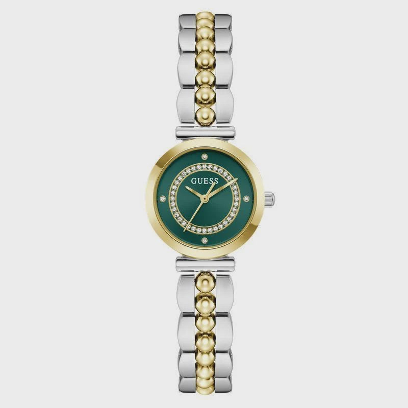 Guess Leena GW0994L3 ladies quartz watch with 26mm round case, green dial, crystal-set bezel, and two-tone stainless steel bracelet