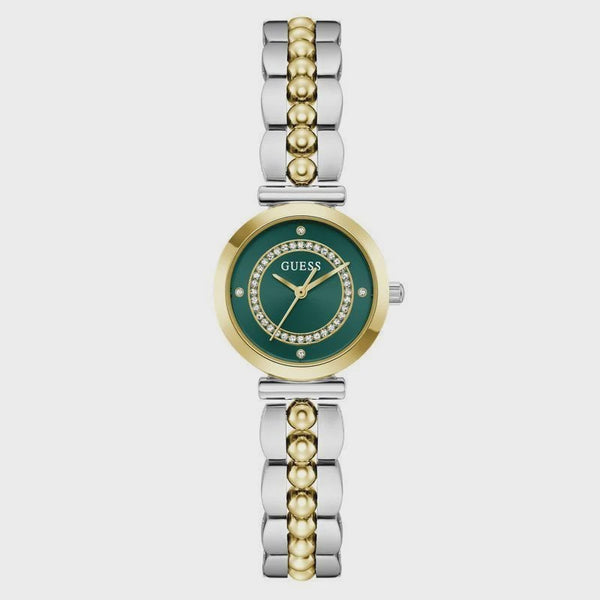 Guess Leena GW0994L3 ladies quartz watch with 26mm round case, green dial, crystal-set bezel, and two-tone stainless steel bracelet