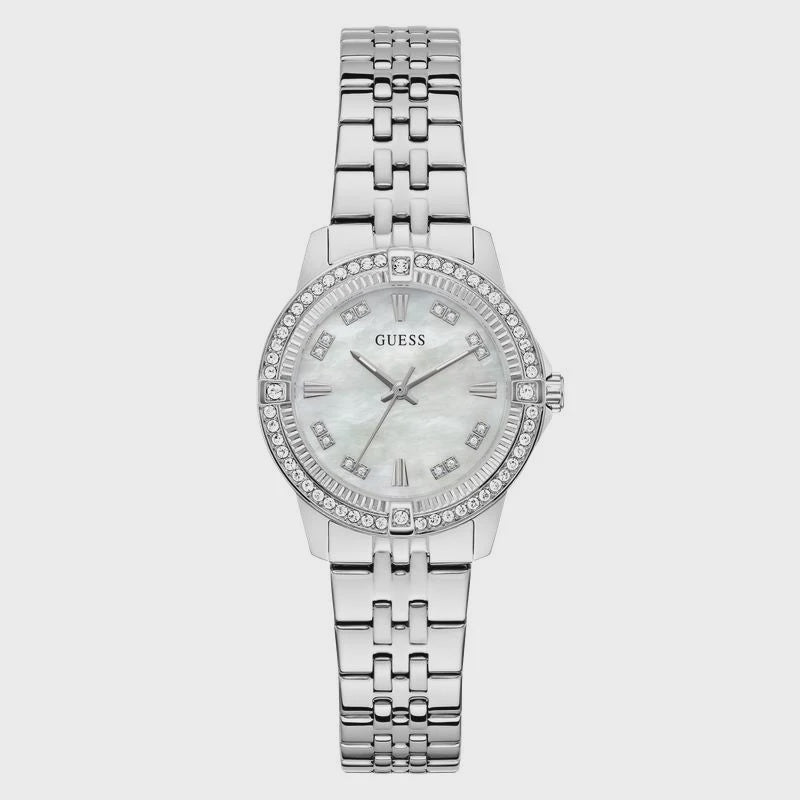 Guess Colette GW1027L1 ladies quartz watch with 32mm round stainless steel case, mother-of-pearl dial, crystal-set bezel, and polished steel bracelet
