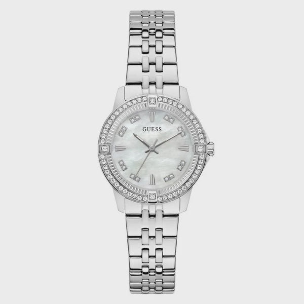 Guess Colette GW1027L1 ladies quartz watch with 32mm round stainless steel case, mother-of-pearl dial, crystal-set bezel, and polished steel bracelet