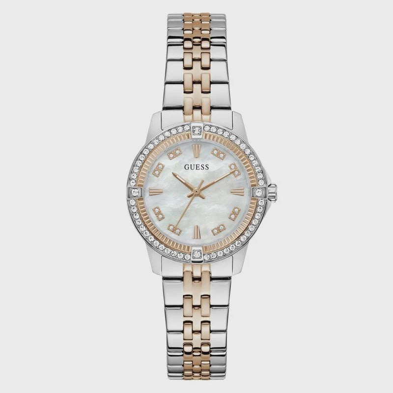 Guess Colette GW1027L5 ladies quartz watch with mother-of-pearl dial, crystal-set bezel, and two-tone stainless steel bracelet in silver and rose gold