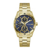 Guess Velocity GW1061G2 quartz chronograph watch with 43mm gold-tone stainless steel case, blue dial, rotating bezel, and matching gold-tone bracelet