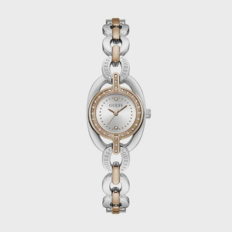 Guess GW1082L5 ladies quartz watch with silver dial, rose gold crystal-set bezel, and two-tone stainless steel bracelet