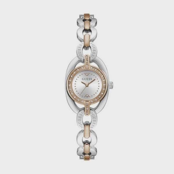 Guess GW1082L5 ladies quartz watch with silver dial, rose gold crystal-set bezel, and two-tone stainless steel bracelet