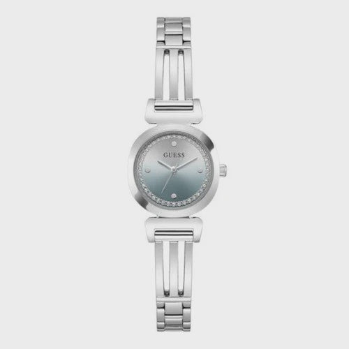 Guess GW1083L1 ladies quartz watch with gradient teal dial, crystal bezel, and stainless steel bangle bracelet